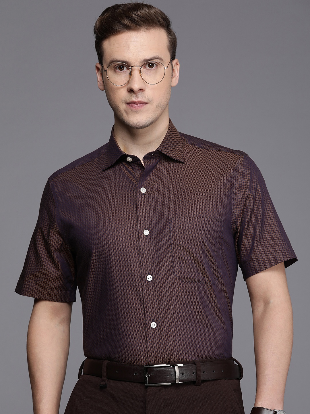 

Louis Philippe Men Classic Self Design Pure Cotton Formal Shirt, Brown