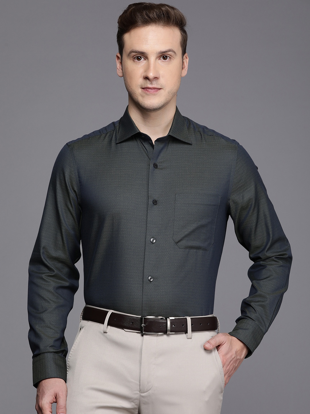 

Louis Philippe Men Classic Ethnic Motifs Self Design Pure Cotton Formal Shirt, Navy blue