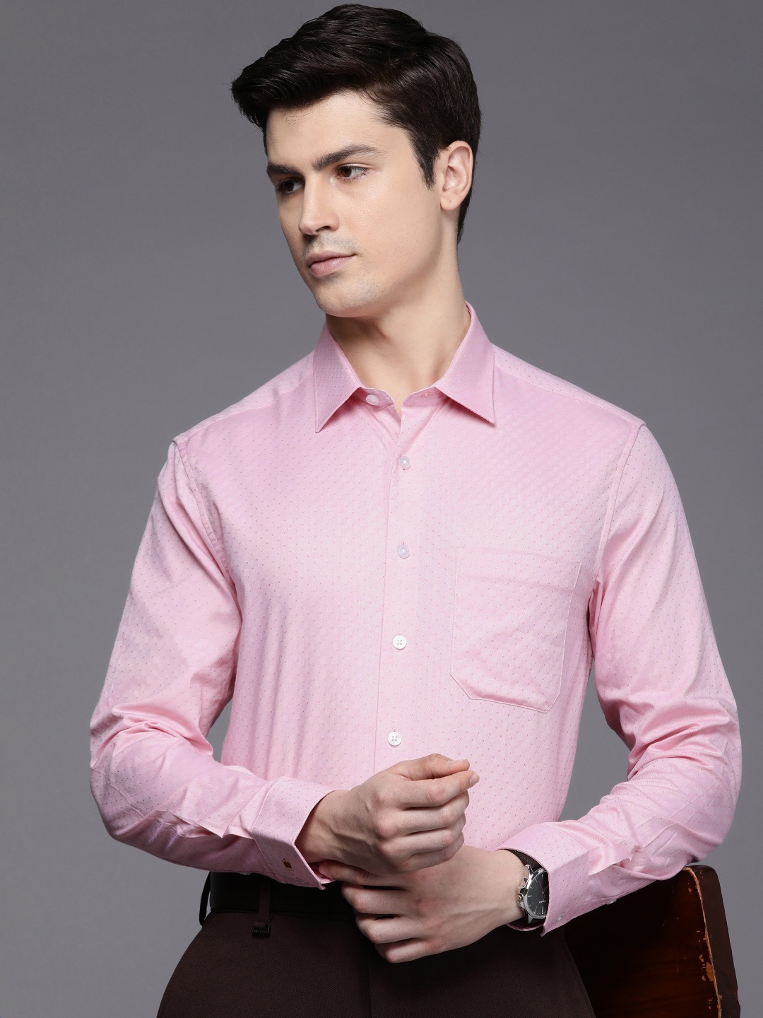 

Louis Philippe Men Slim Fit Opaque Printed Cotton Formal Shirt, Pink