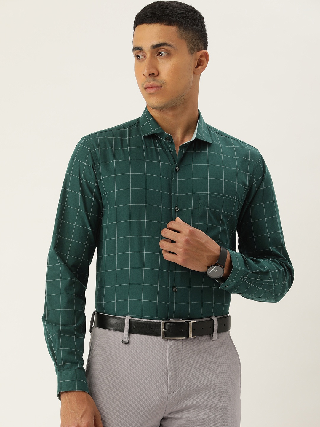 

Peter England Men Slim Fit Windowpane Checked Formal Shirt, Green