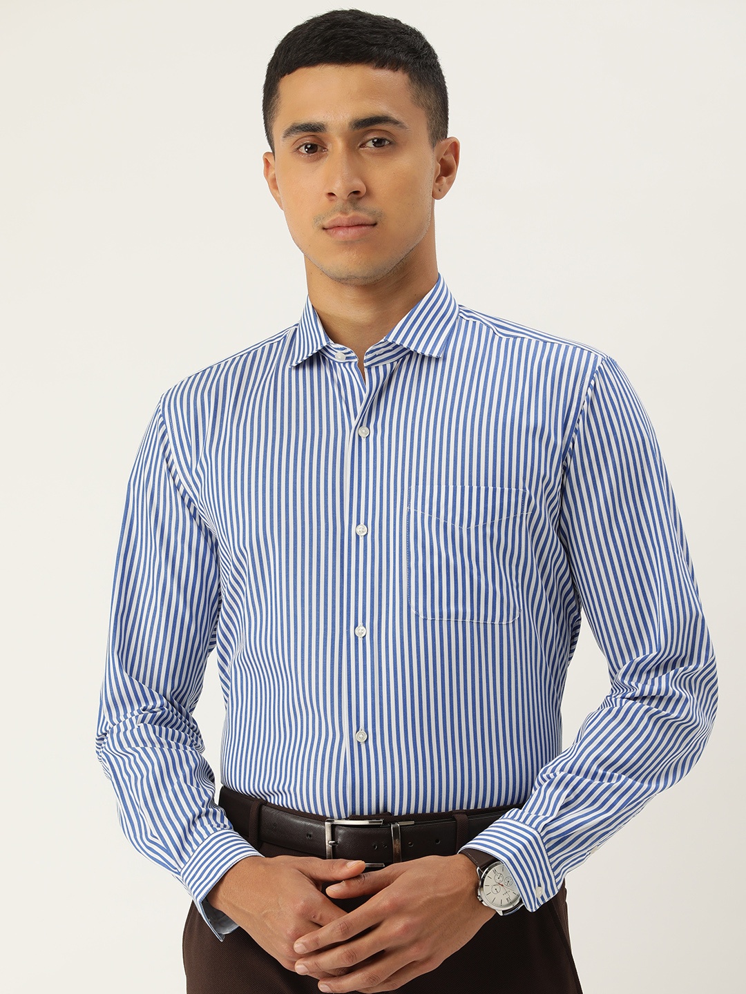 

Peter England Men Slim Fit Opaque Striped Formal Shirt, Blue