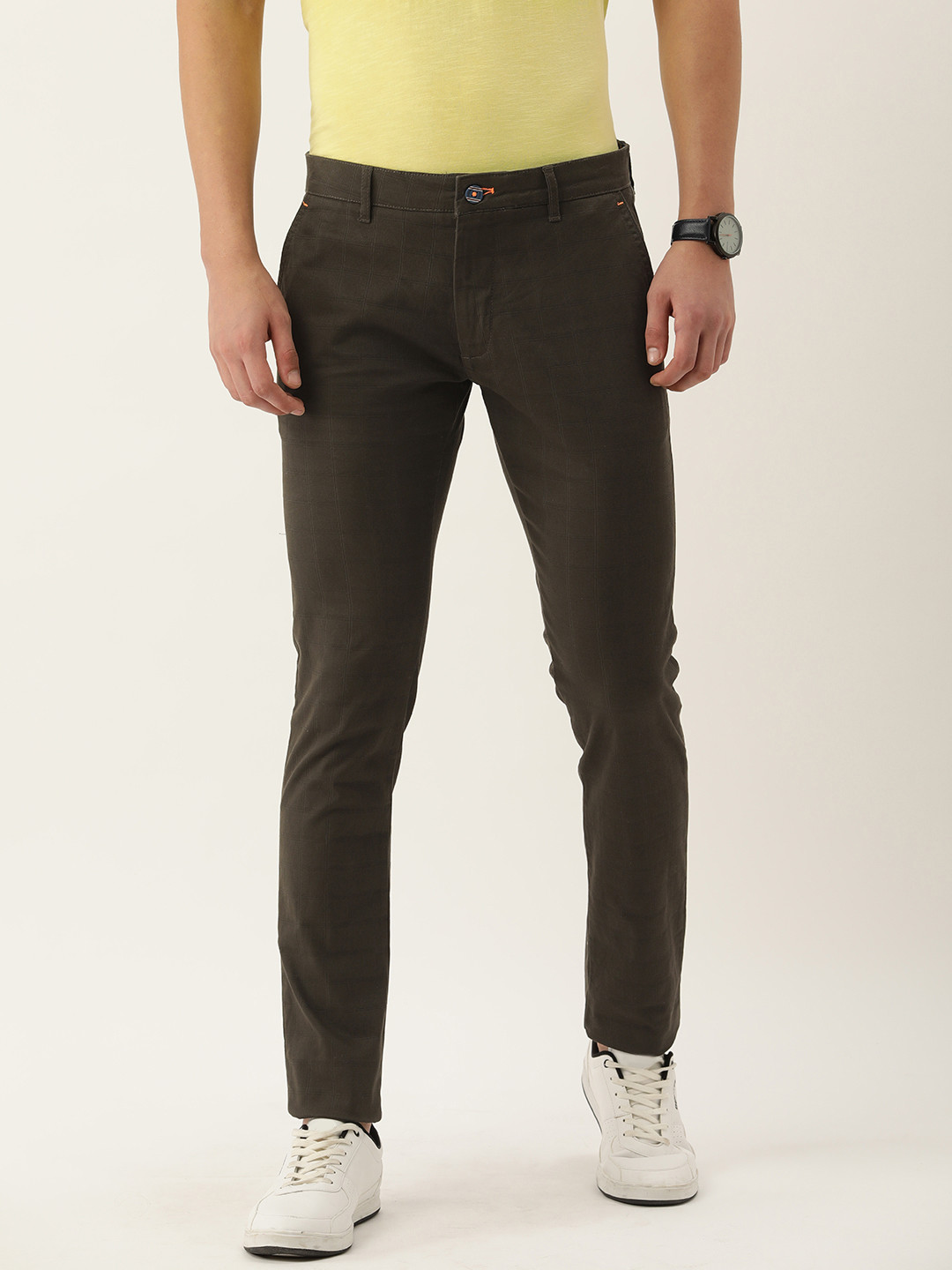 

Peter England Men Checked Slim Fit Trousers, Charcoal