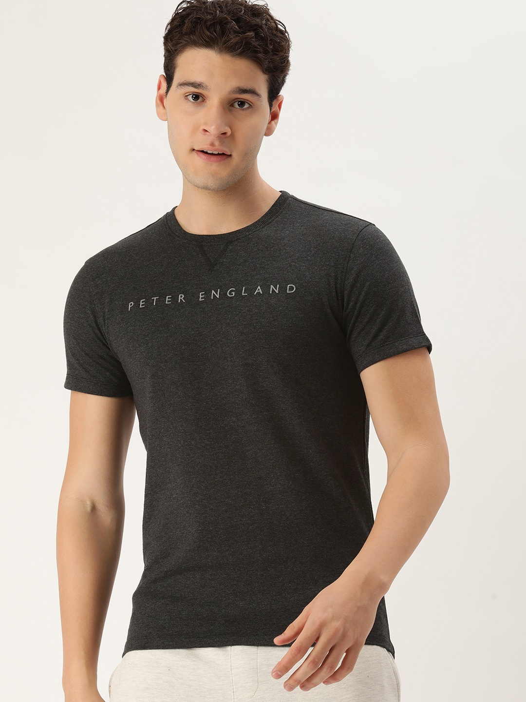 

Peter England Men Brand Logo Printed Slim Fit T-shirt, Charcoal