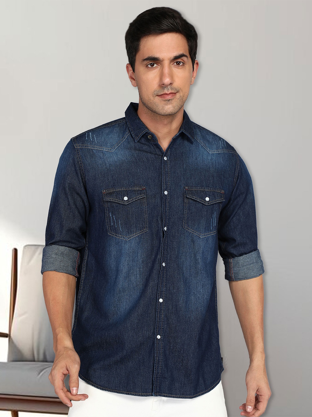 

Kuons Avenue Smart Slim Fit Faded Spread Collar Pocket Denim Casual Shirt, Blue