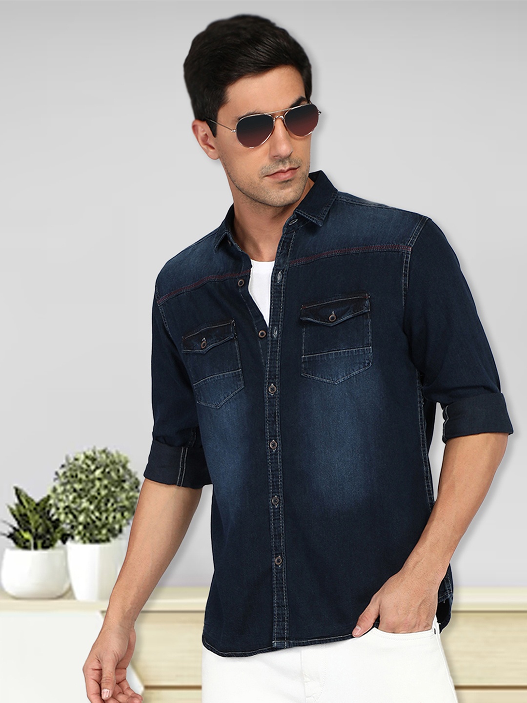 

Kuons Avenue Smart Slim Fit Faded Spread Collar Pocket Denim Casual Shirt, Blue
