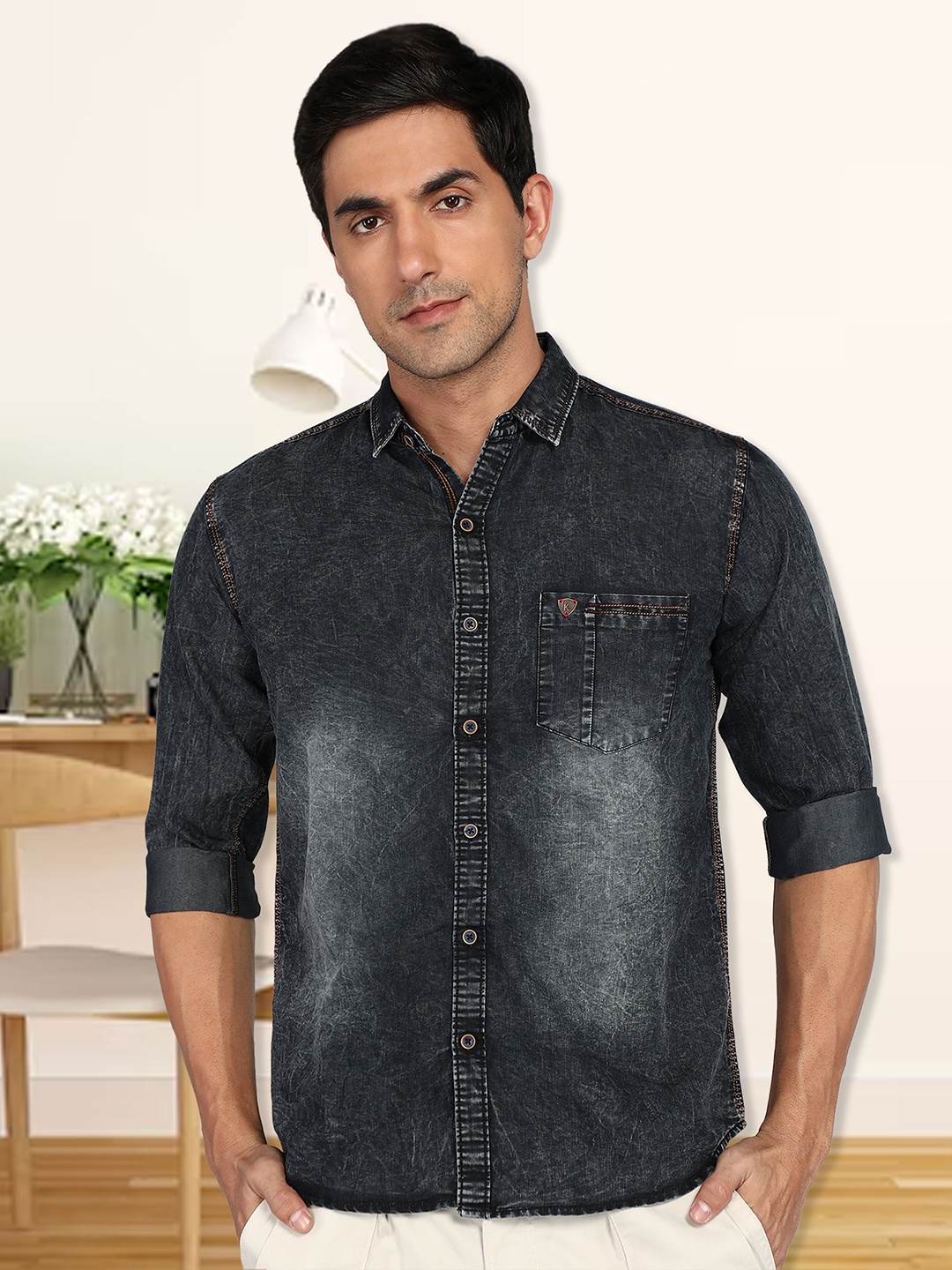 

Kuons Avenue Smart Slim Fit Faded Spread Pocket DenimCasual Shirt, Charcoal