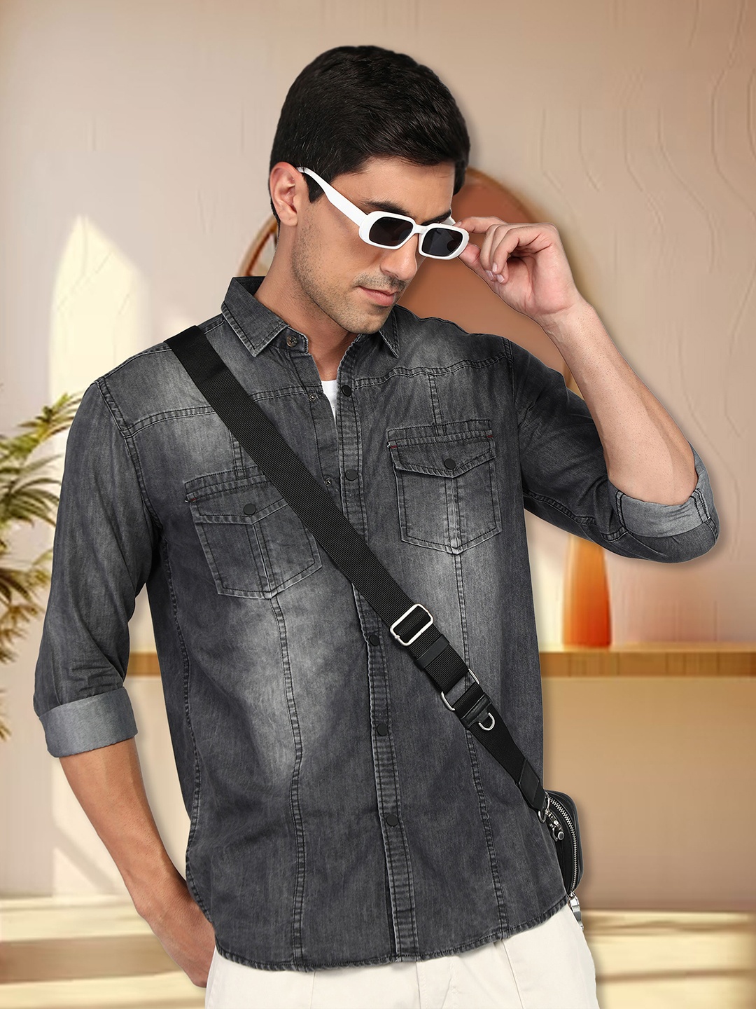 

Kuons Avenue Smart Slim Fit Faded Spread Pocket Denim Casual Shirt, Charcoal