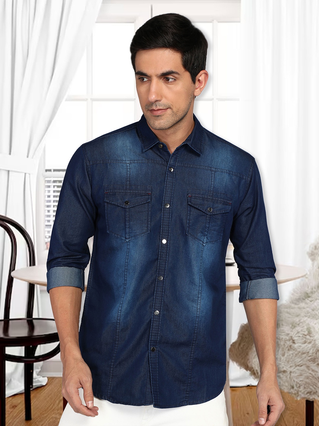 

Kuons Avenue Smart Slim Fit Faded Spread Pocket Denim Casual Shirt, Blue