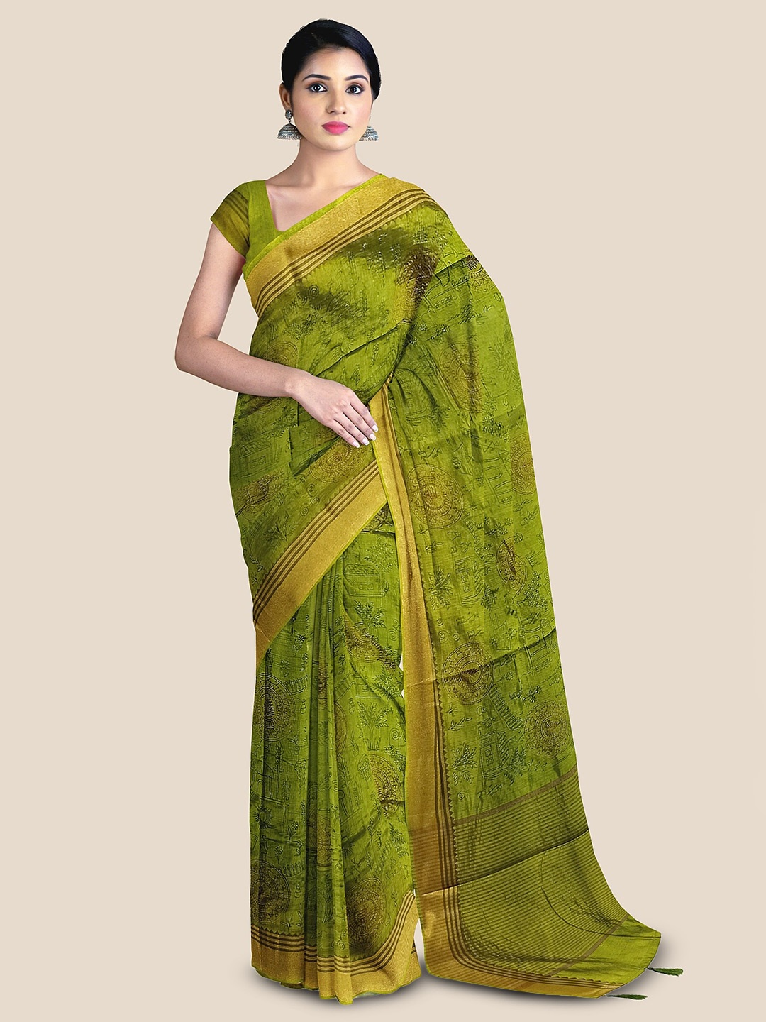 

The Chennai Silks Ethnic Motifs Printed Zari Jute Cotton Saree, Olive