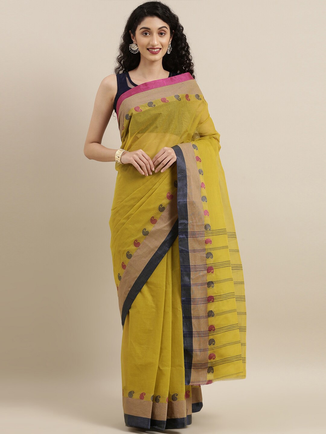 

The Chennai Silks Pure Cotton Taant Saree, Olive