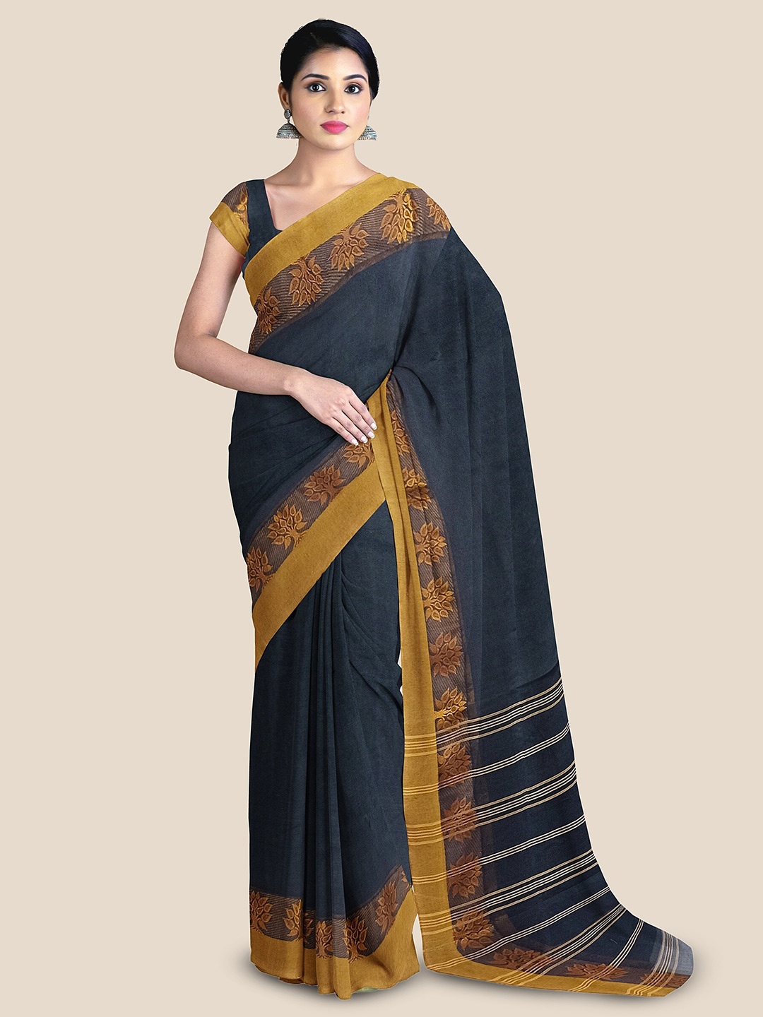 

The Chennai Silks Pure Cotton Taant Saree, Black