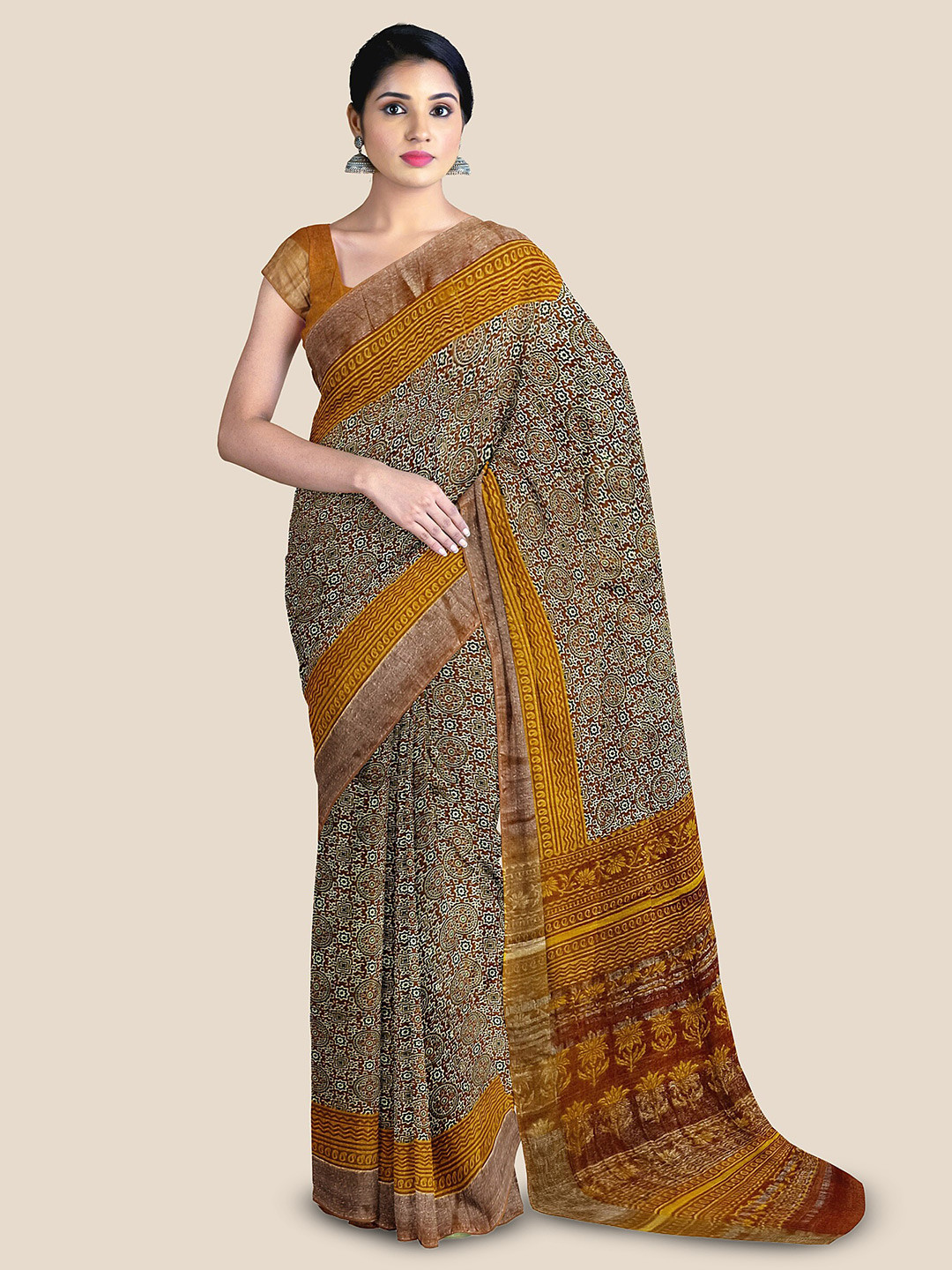 

The Chennai Silks Ethnic Motifs Printed Pure Cotton Narayan Peth Saree, Mustard