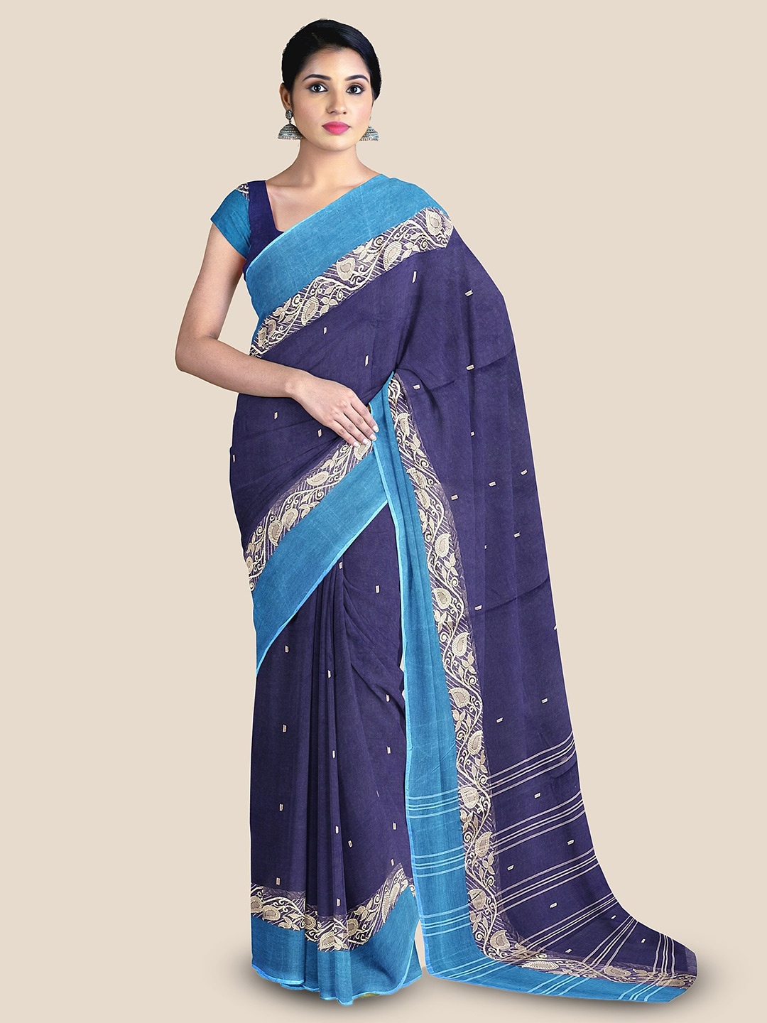

The Chennai Silks Woven Design Pure Cotton Taant Saree, Navy blue