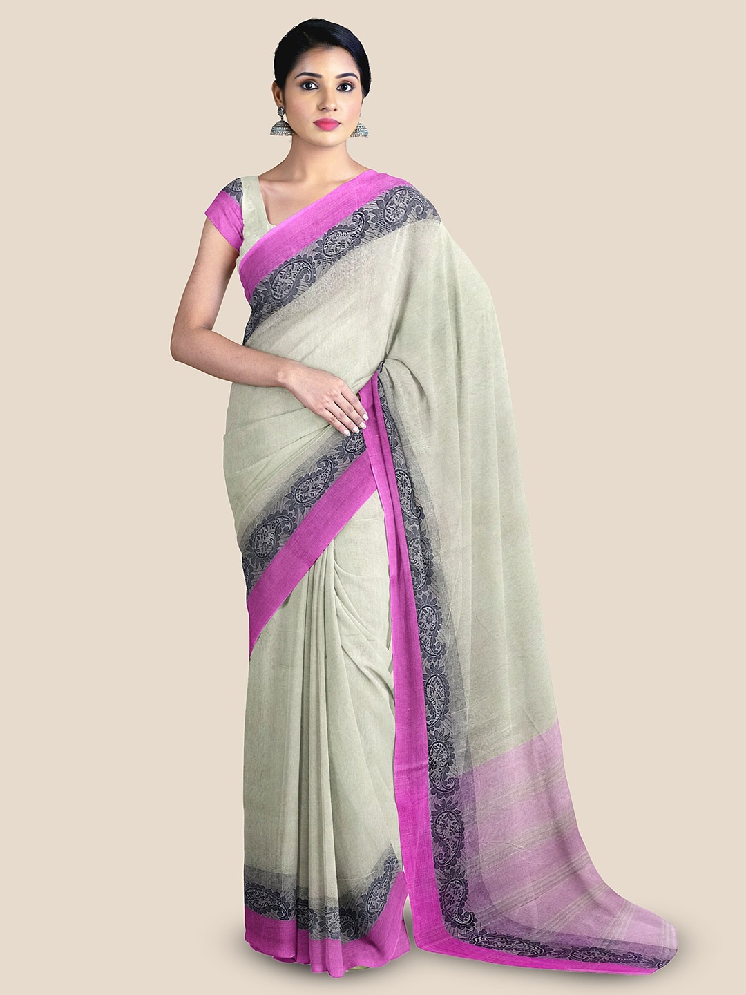 

The Chennai Silks Pure Cotton Taant Saree, Grey