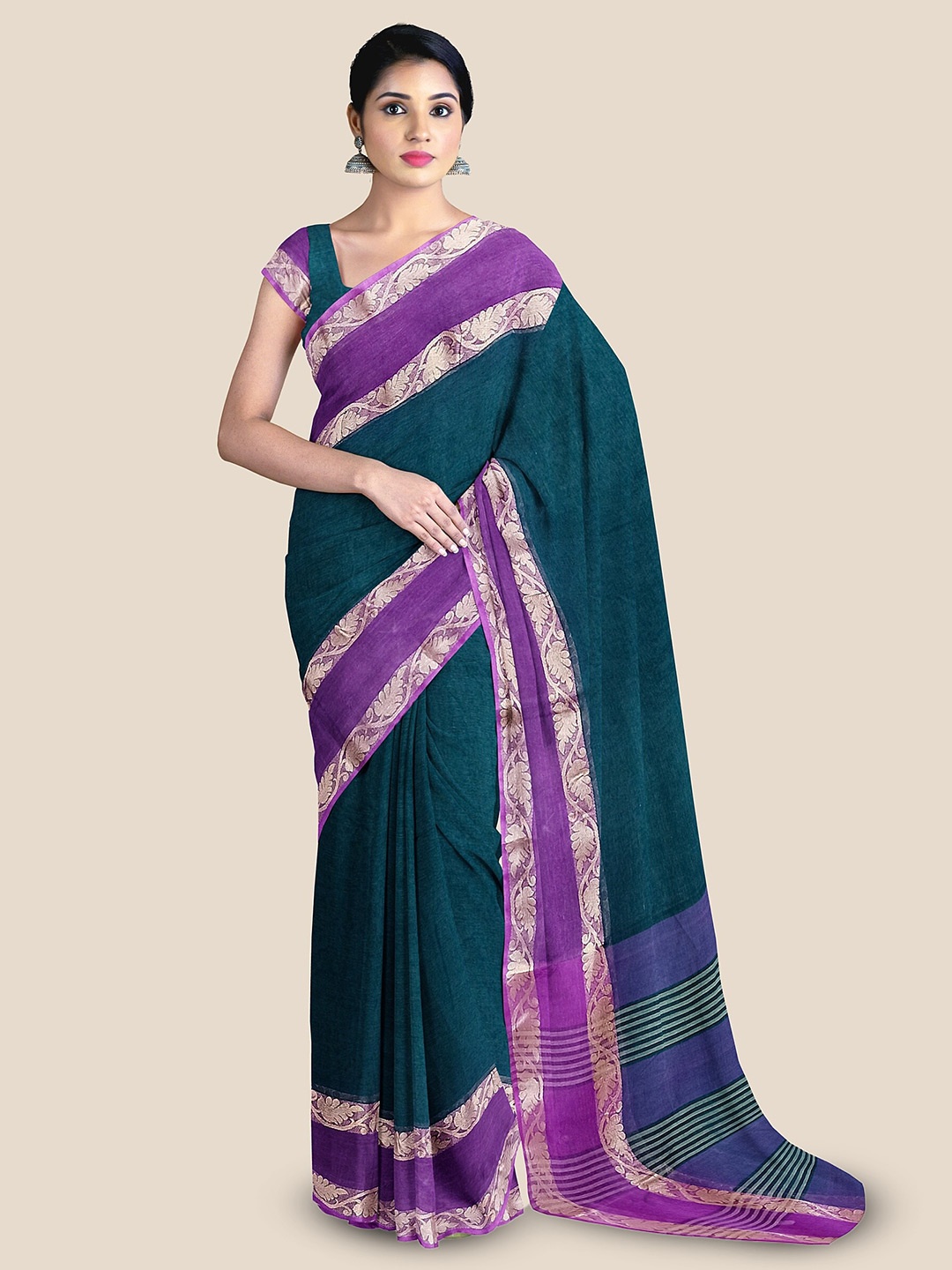 

The Chennai Silks Zari Pure Cotton Taant Saree, Teal