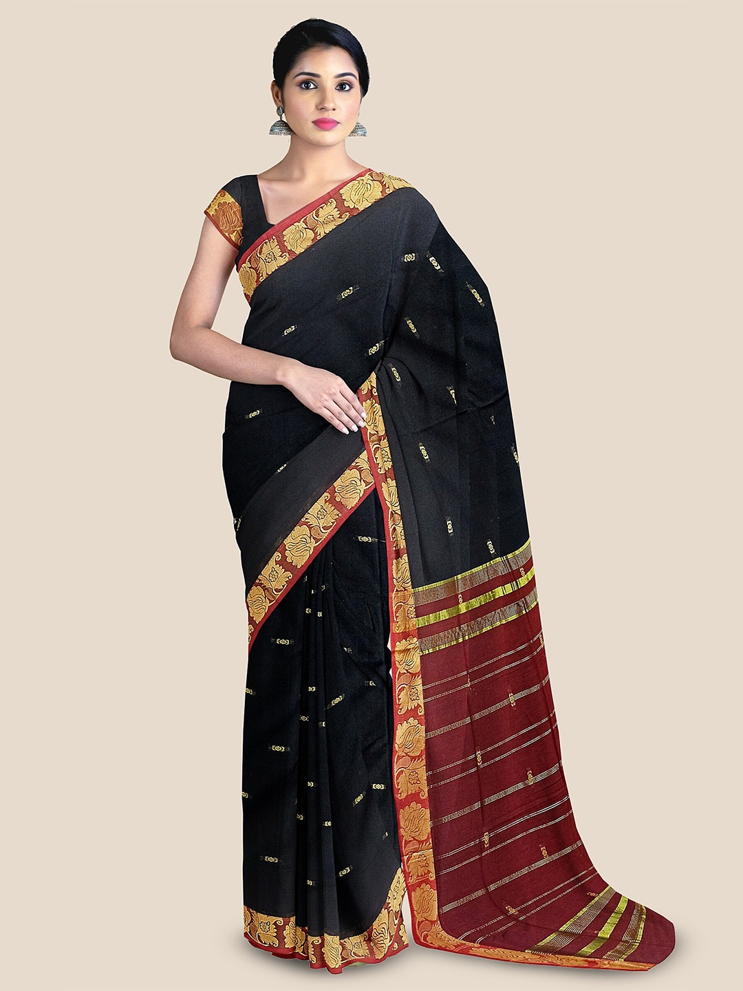 

The Chennai Silks Woven Design Pure Cotton Kovai Saree, Black