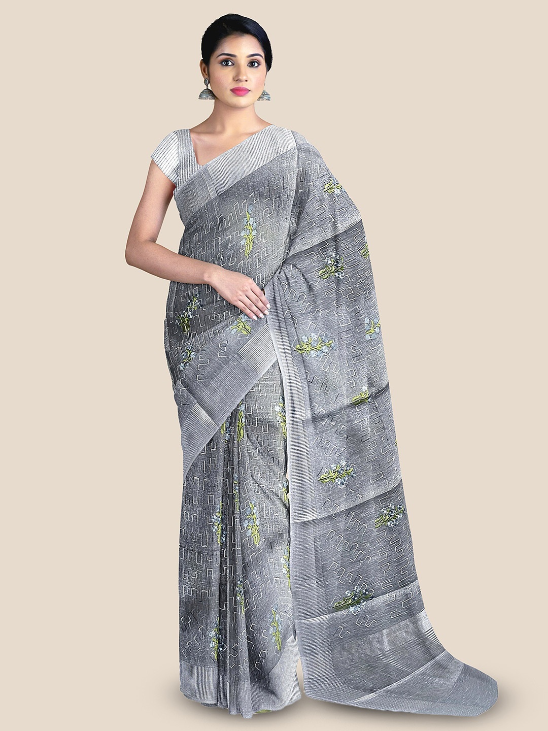 

The Chennai Silks Floral Printed Tissue Banarasi Saree, Grey