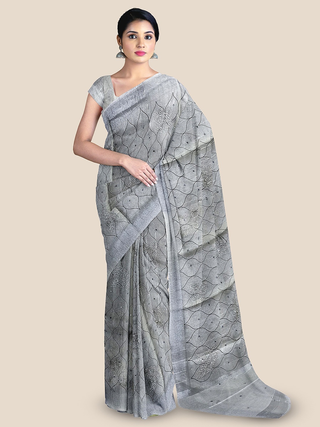 

The Chennai Silks Ethnic Motifs Printed Tissue Banarasi Saree, Silver