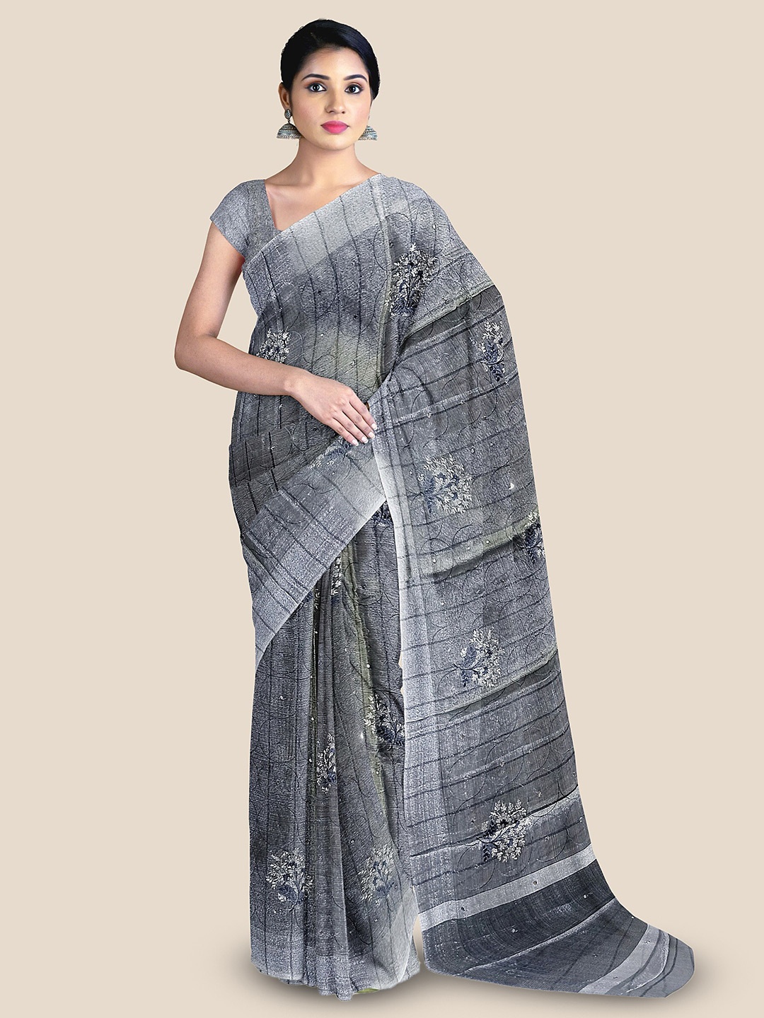 

The Chennai Silks Floral Embroidered Tissue Banarasi Saree, Grey