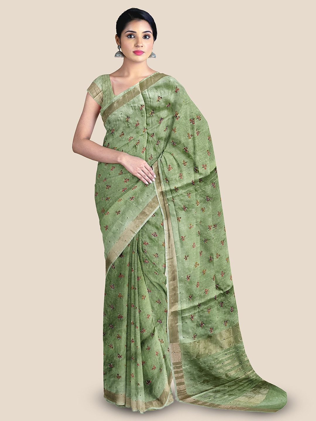 

The Chennai Silks Floral Embroidered Beads and Stones Jute Cotton Saree, Green