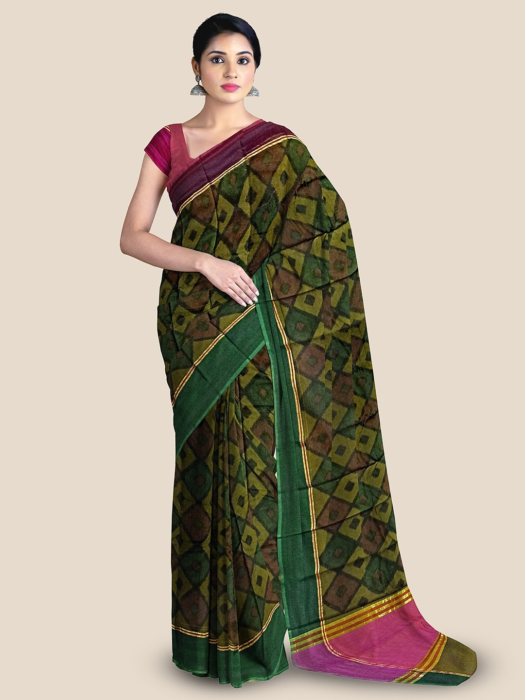 

The Chennai Silks Geometric Printed Zari Pure Cotton Chanderi Saree, Green