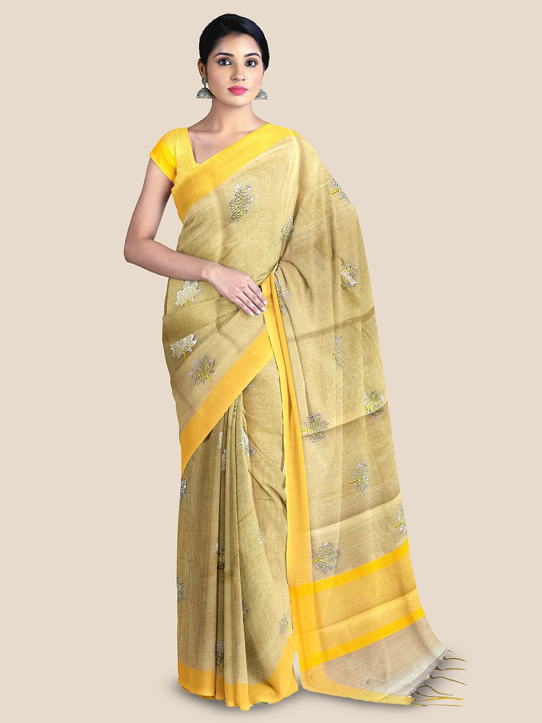 

The Chennai Silks Floral Embroidered Tissue Banarasi Saree, Beige