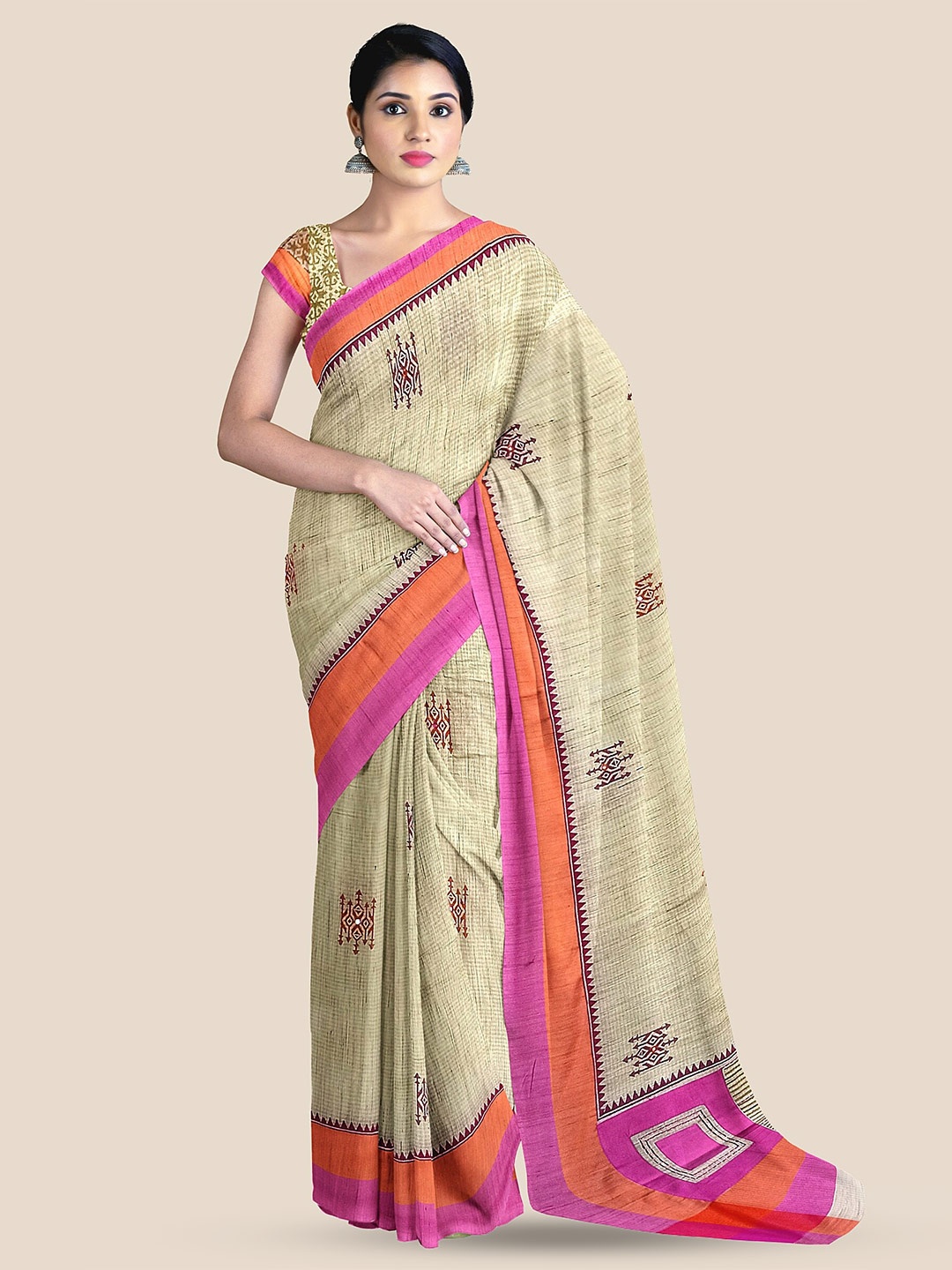 

The Chennai Silks Geometric Printed Pure Cotton Chanderi Saree, Beige