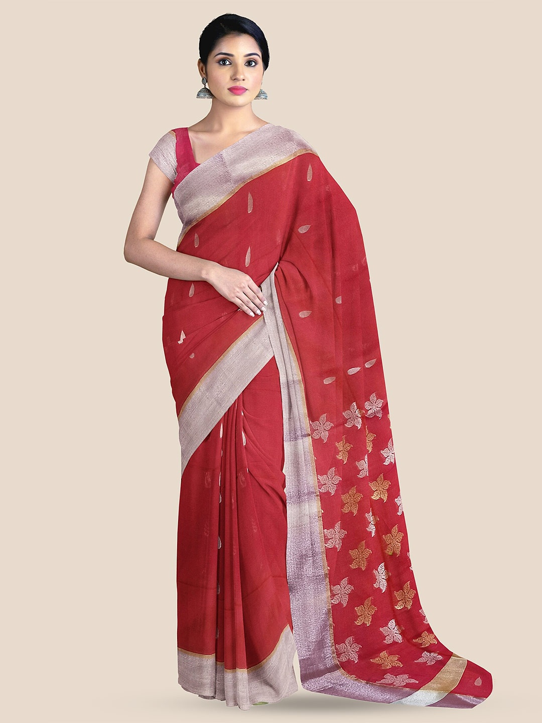 

The Chennai Silks Ethnic Motif Woven Design Silk Cotton Maheshwari Saree, Red