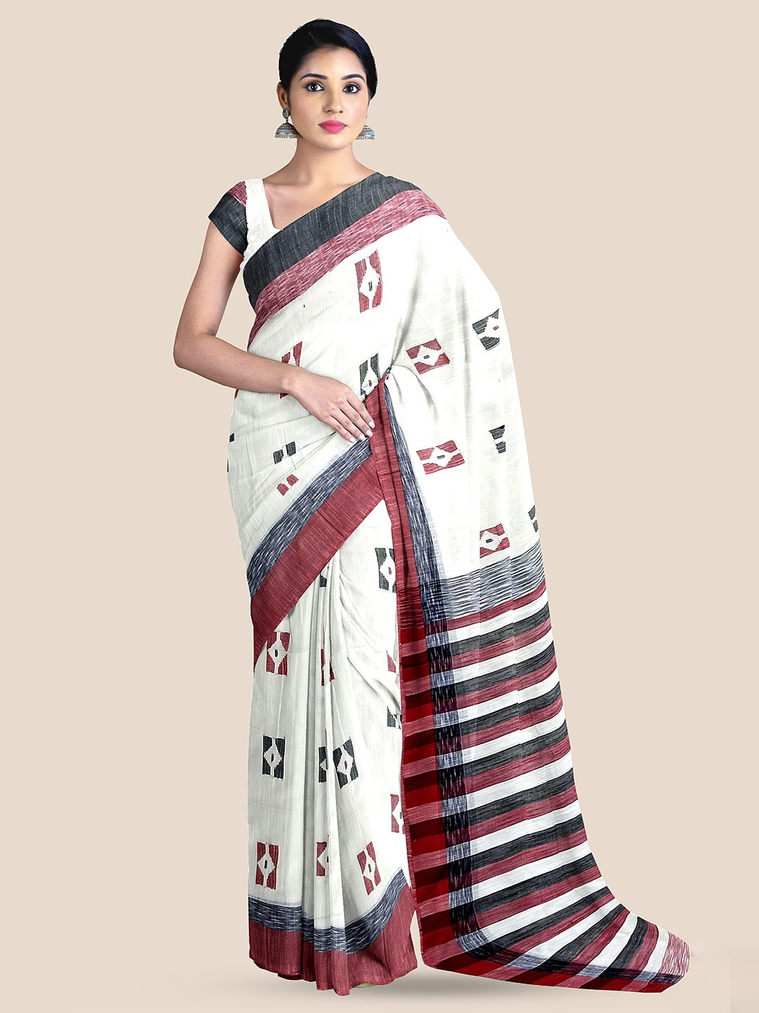 

The Chennai Silks Geometric Printed Pure Cotton Narayan Peth Saree, Off white