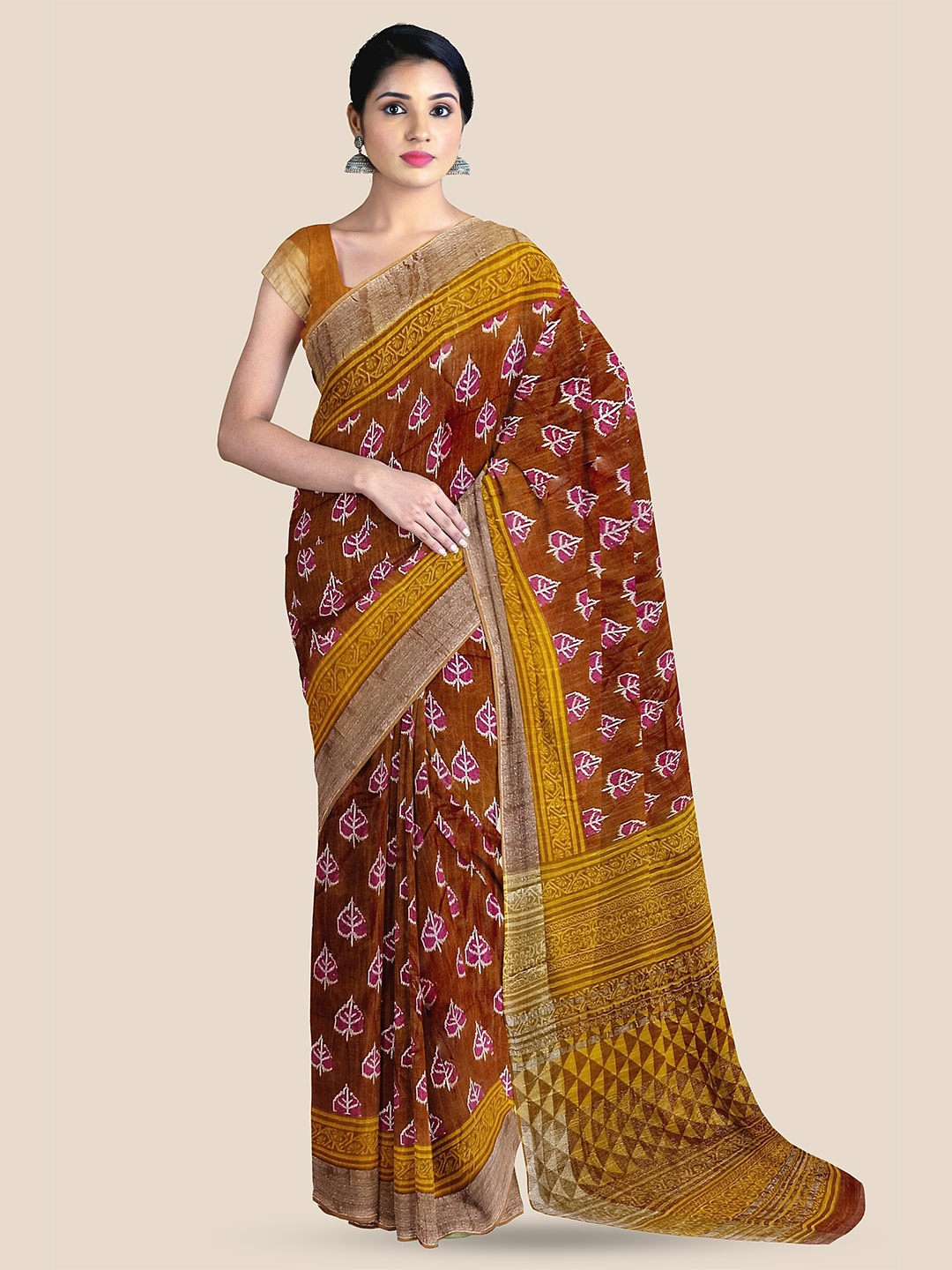 

The Chennai Silks Ethnic Motifs Printed Zari Pure Cotton Narayan Peth Saree, Coral
