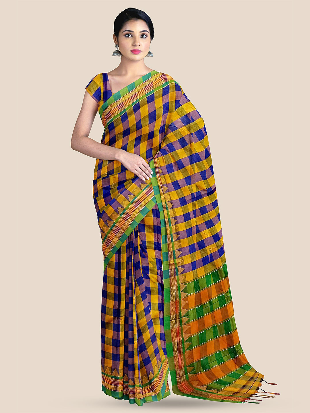 

The Chennai Silks Checked Pure Cotton Kovai Saree, Blue
