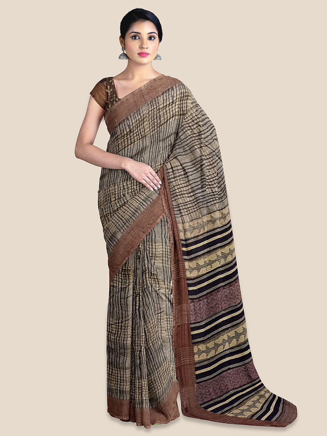 

The Chennai Silks Striped Pure Cotton Chanderi Saree, Brown