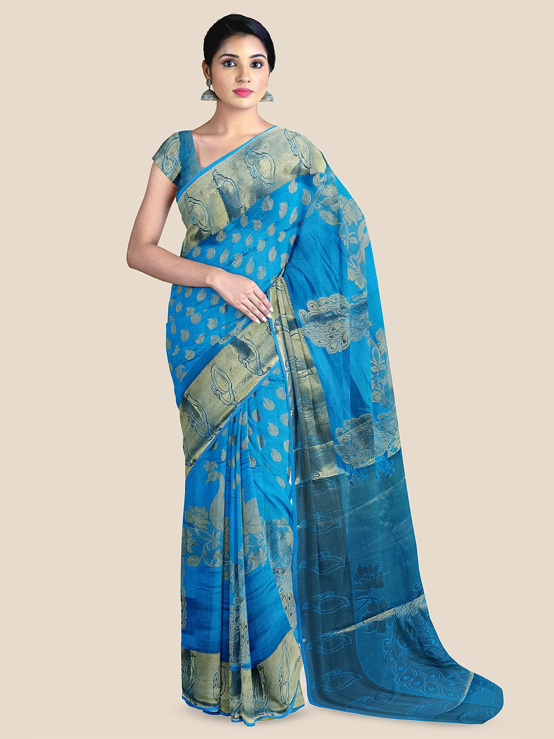 

The Chennai Silks Woven Design Zari Jute Cotton Saree, Blue