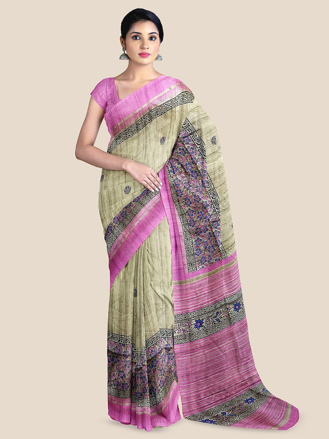 

The Chennai Silks Floral Zari Saree, Beige