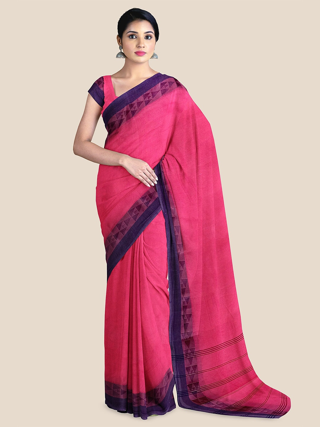 

The Chennai Silks Pure Cotton Taant Saree, Pink