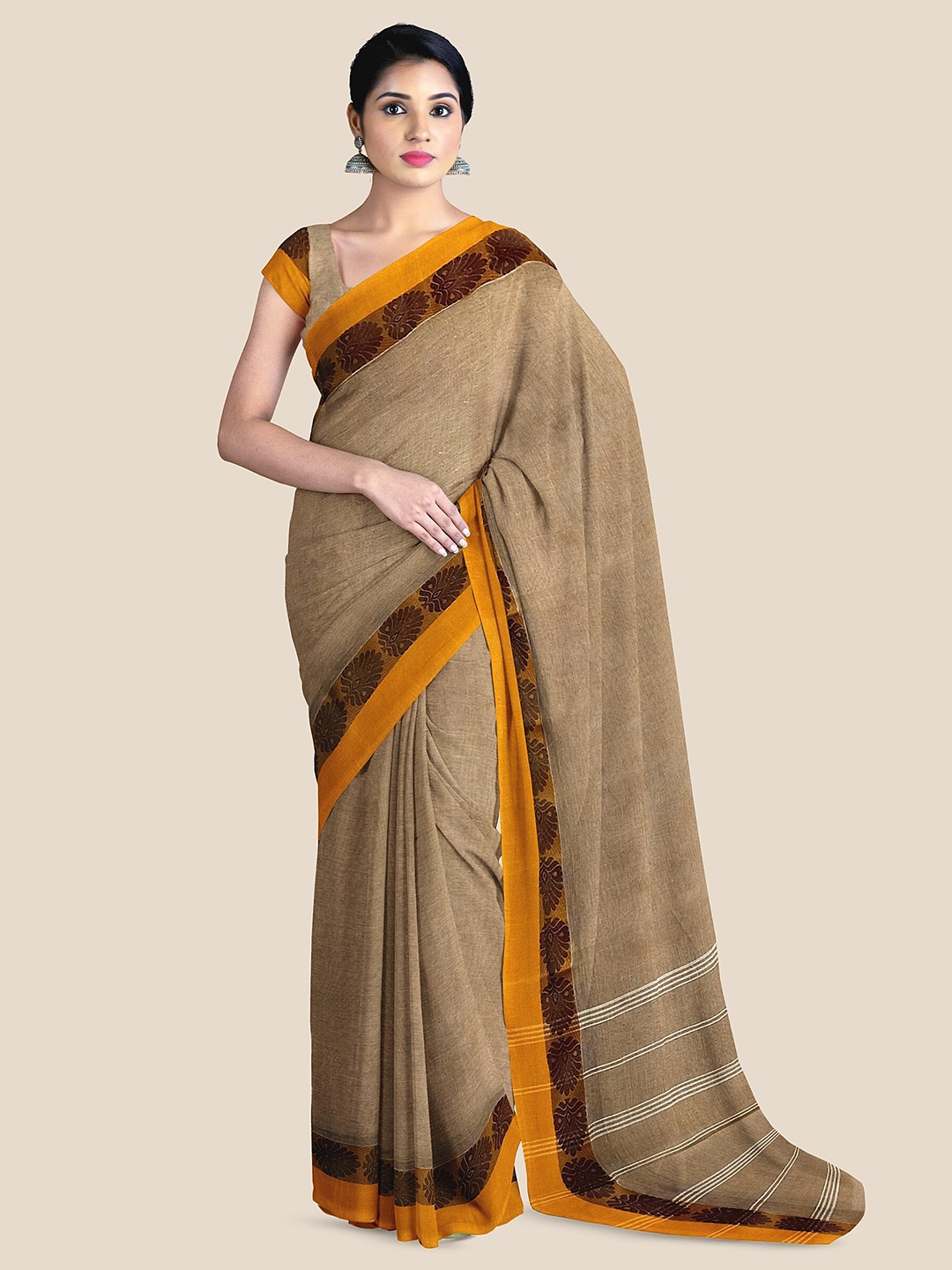 

The Chennai Silks Pure Cotton Taant Saree, Brown