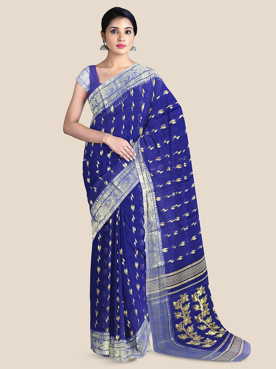 

The Chennai Silks Woven Design Zari Pure Cotton Taant Saree, Navy blue