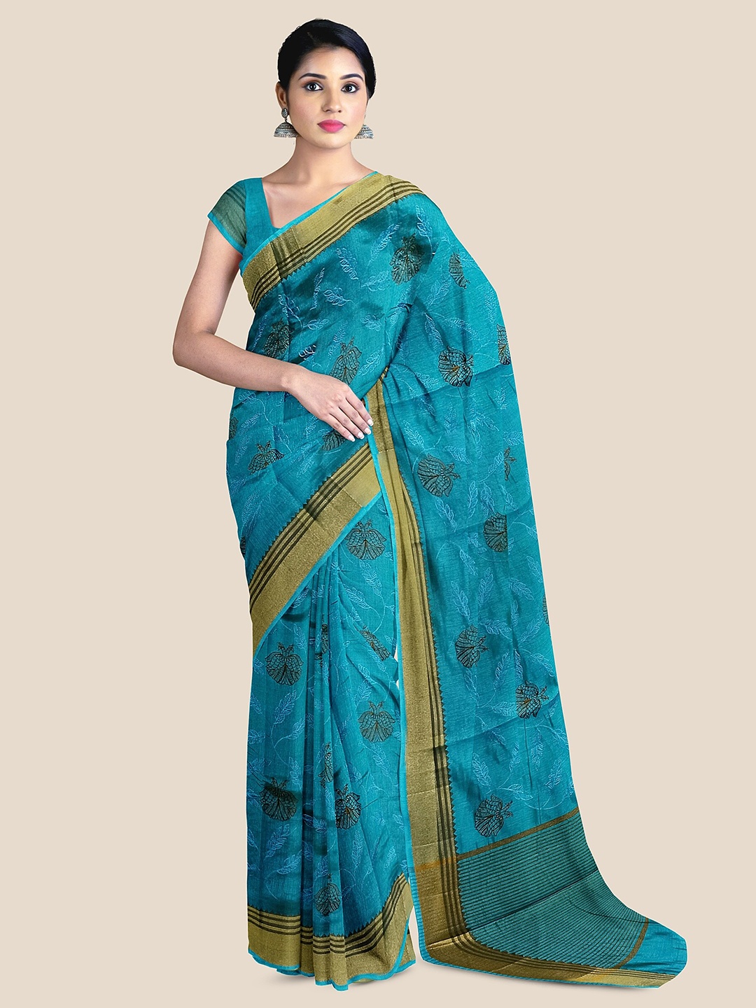 

The Chennai Silks Ethnic Motifs Embroidered Jute Cotton Saree, Blue