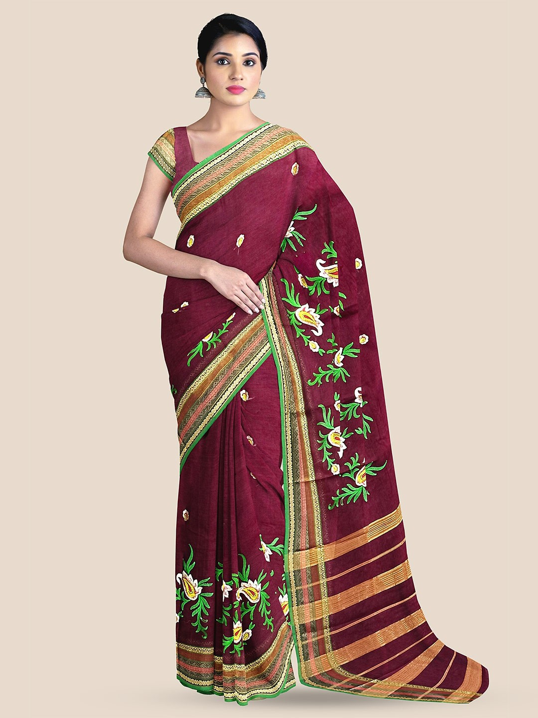 

The Chennai Silks Ethnic Motifs Embroidered Zari Sambalpuri Saree, Maroon