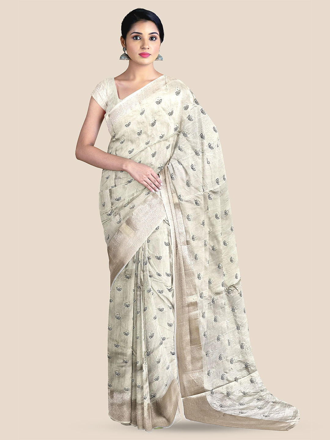 

The Chennai Silks Floral Printed Zari Sambalpuri Saree, Beige
