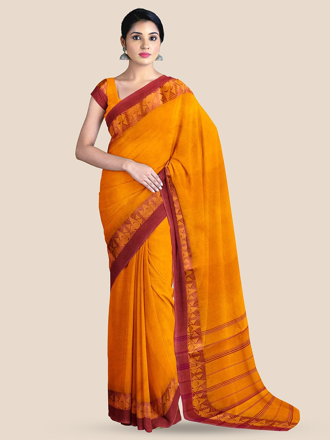

The Chennai Silks Zari Detail Pure Cotton Taant Saree, Coral