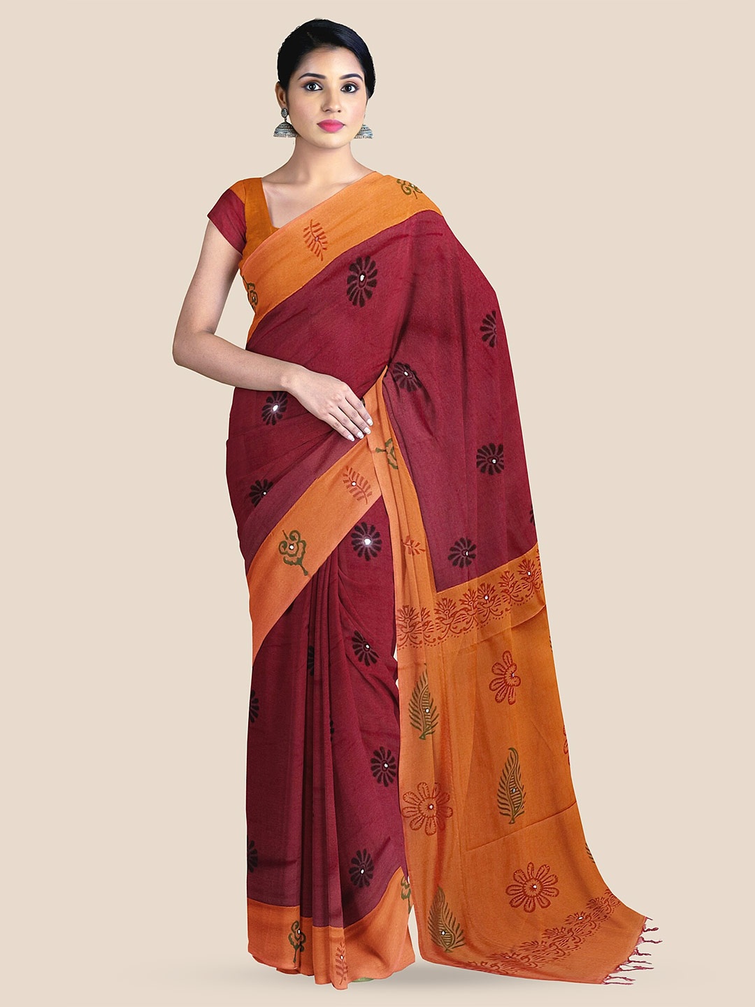 

The Chennai Silks Floral Printed Mirror Work Sambalpuri Saree, Maroon