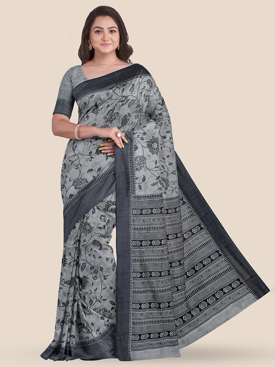 

The Chennai Silks Floral Pure Cotton Saree, Grey