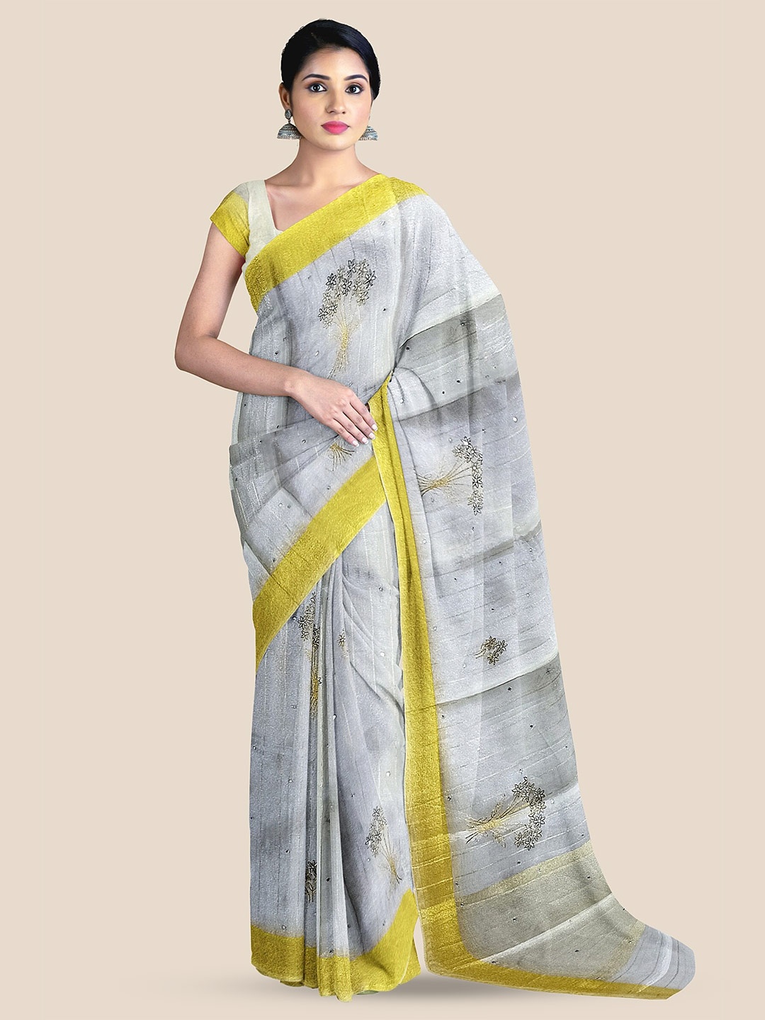 

The Chennai Silks Floral Embroidered Tissue Banarasi Saree, Grey