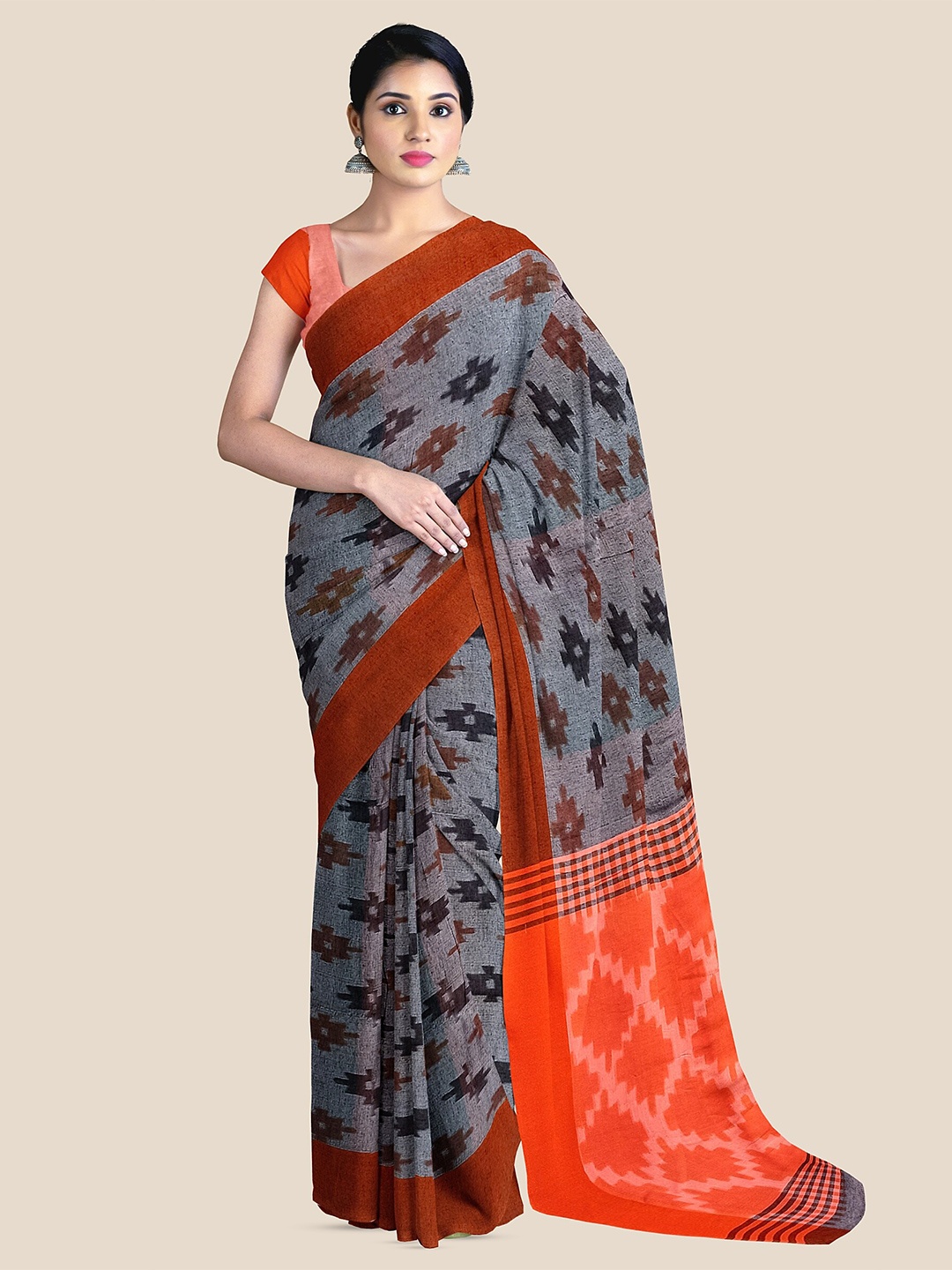 

The Chennai Silks Geometric Printed Pure Cotton Narayan Peth Saree, Grey