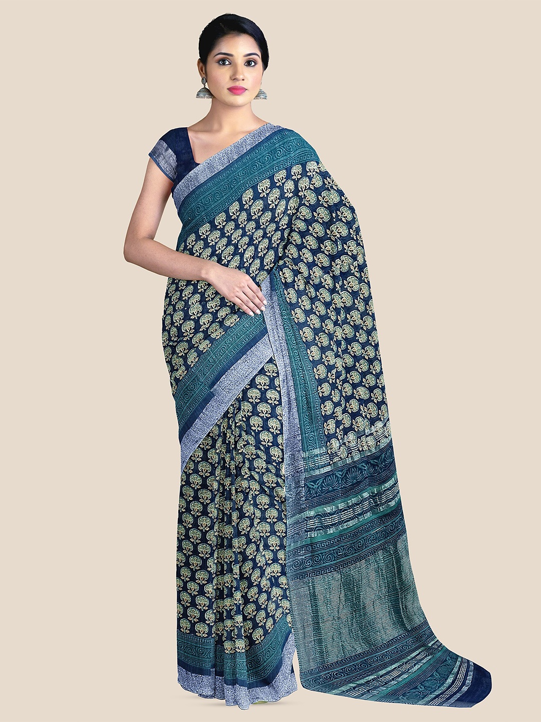 

The Chennai Silks Ethnic Motifs Printed Pure Cotton Narayan Peth Saree, Blue