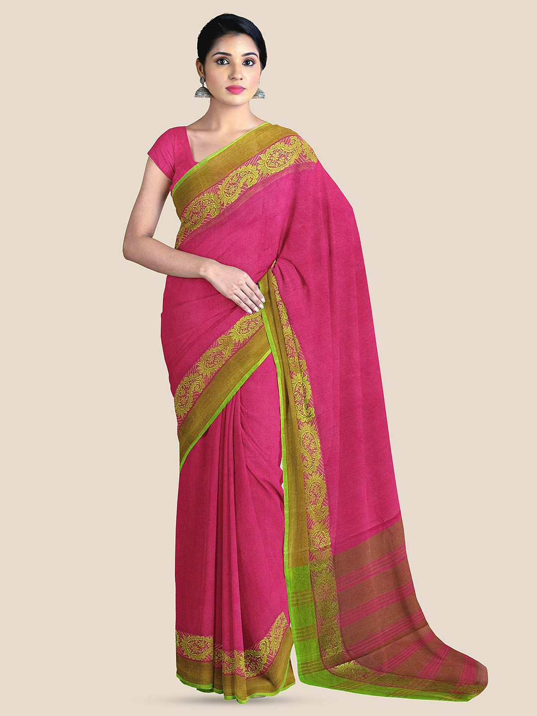 

The Chennai Silks Zari Pure Cotton Taant Saree, Pink