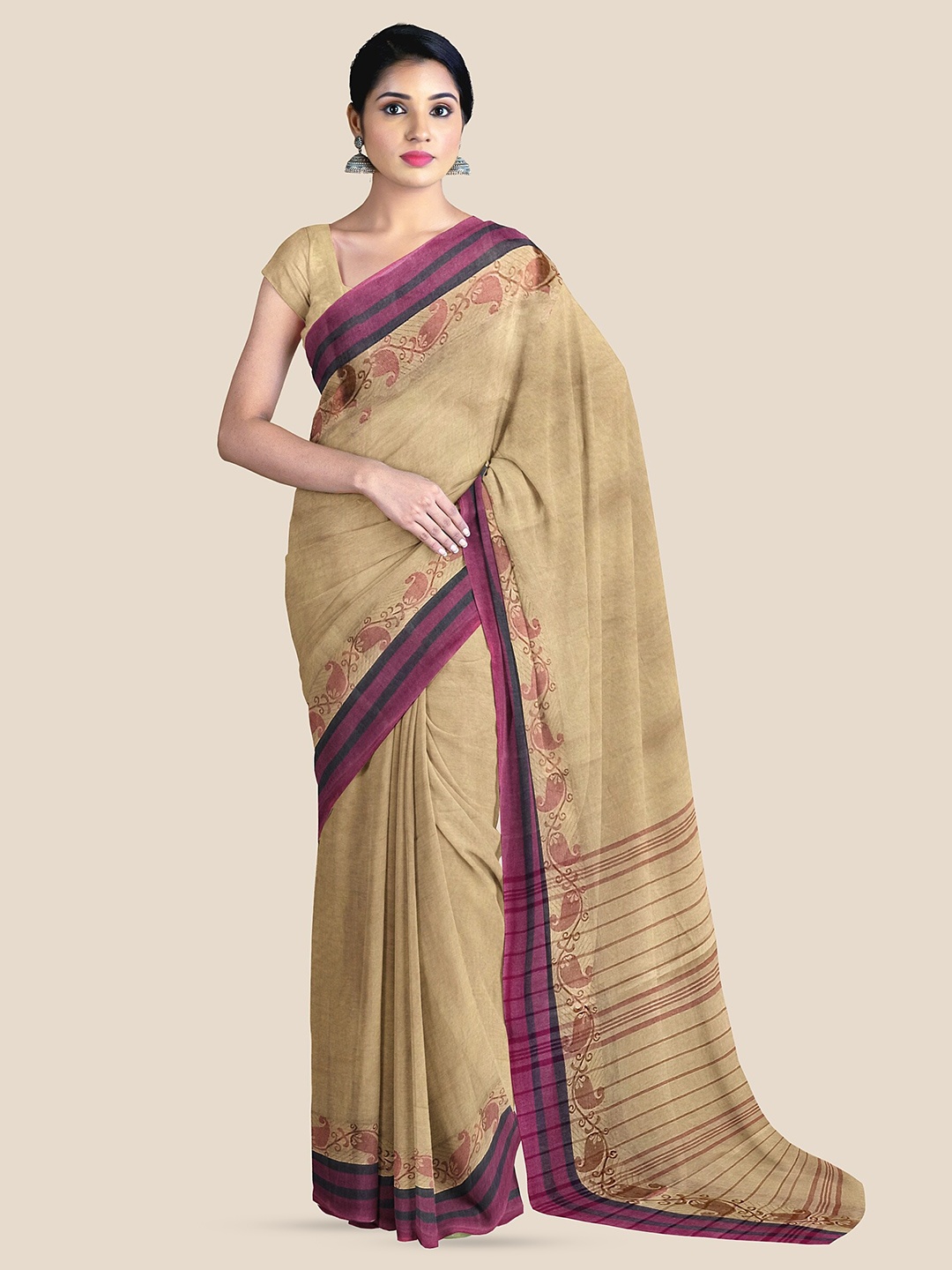 

The Chennai Silks Pure Cotton Taant Saree, Brown