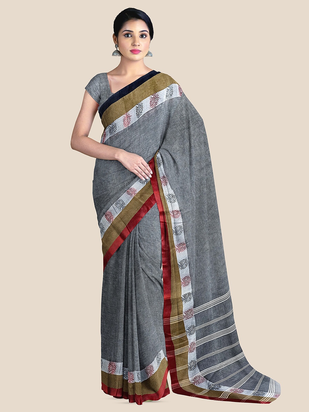 

The Chennai Silks Pure Cotton Taant Saree, Grey