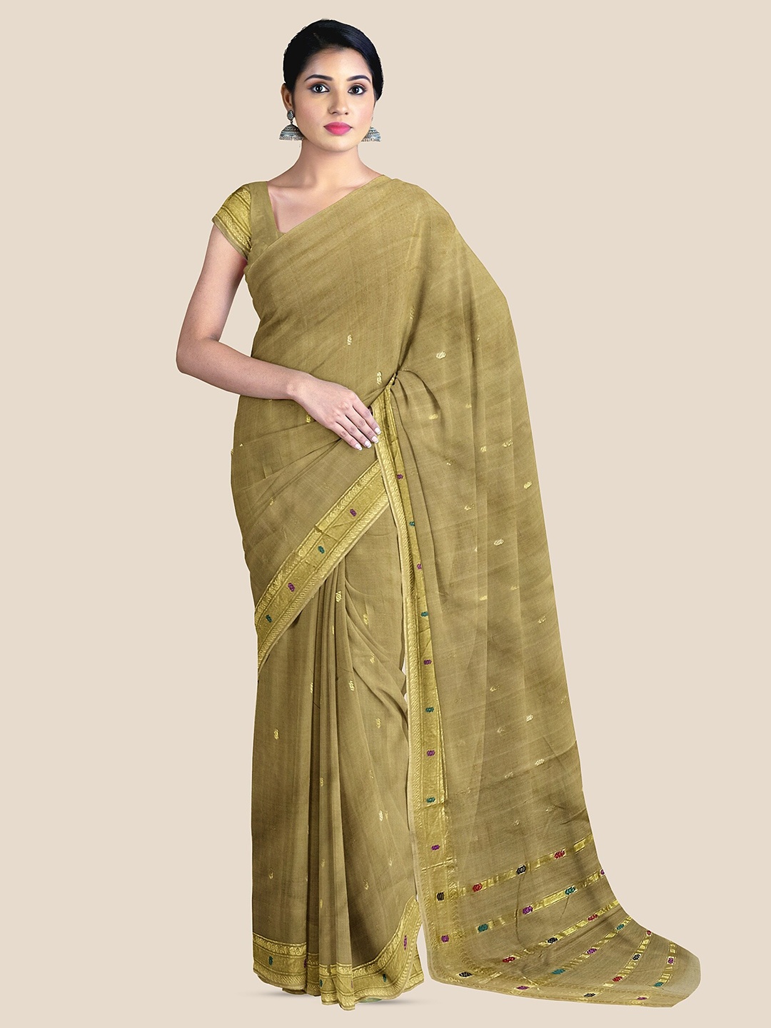 

The Chennai Silks Woven Design Zari Pure Cotton Venkatgiri Saree, Khaki